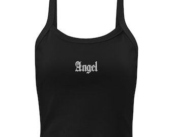 Camiseta de tirantes Angel para mujer con microcanalé: letras góticas inglesas antiguas con estilo urbano vintage