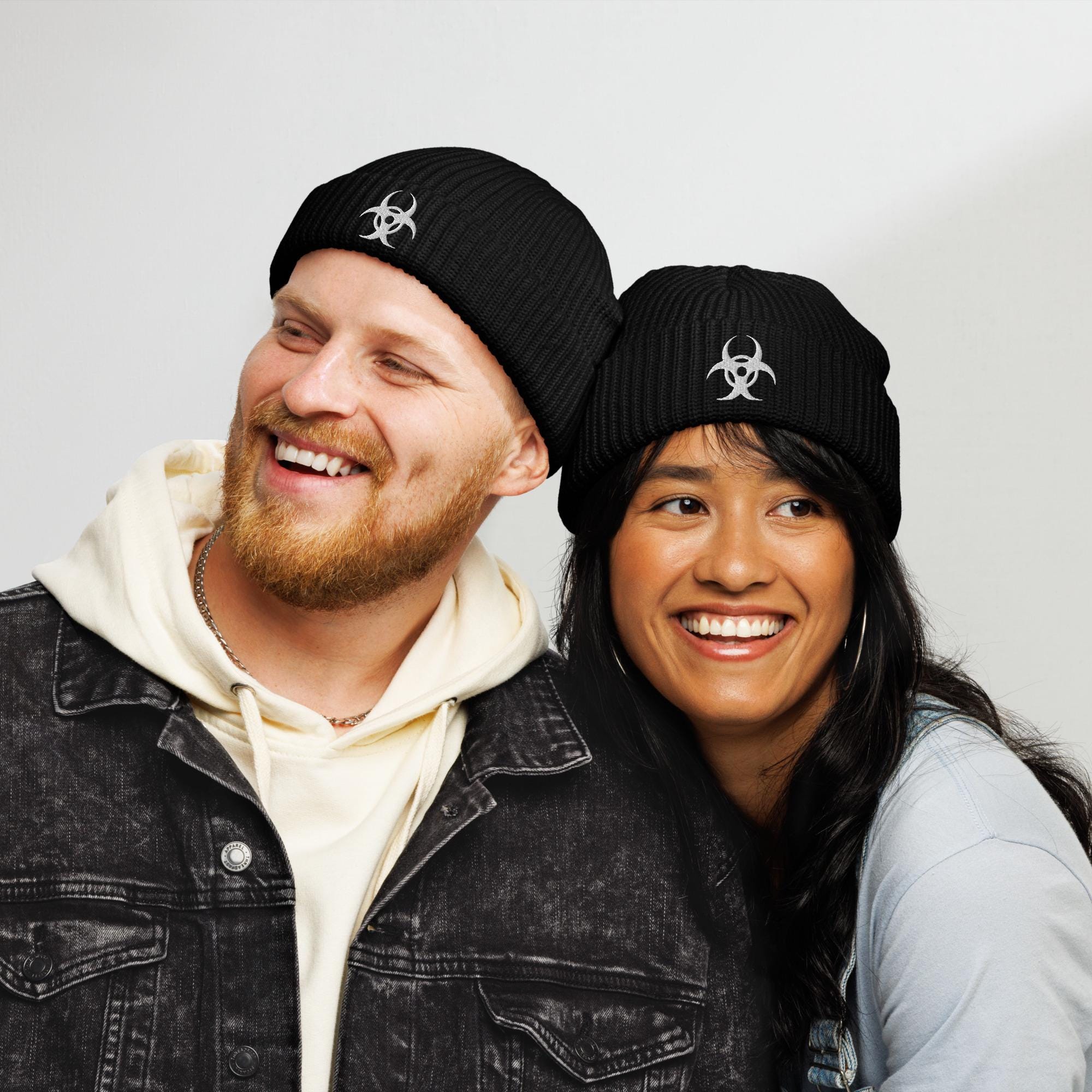 Biohazard Fisherman Beanie - Gothic Chic Minimal Embroidered