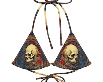 Haut de bikini bandana à cordons recyclés « Momento Mori » rococo Art tête de mort - 06