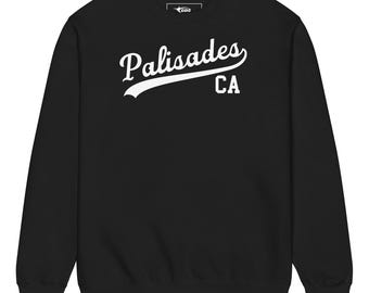 Palisades CA Printed Sweatshirt – Retro Script California Crewneck, Vintage Coastal Pullover