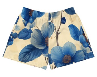 Short de sport bleu fleuri pour femme Blanc antique Gym Flower Flower bleu Short de sport bleu blanc pour femme Flower Power Lounge Short de yoga Running Fun Swim