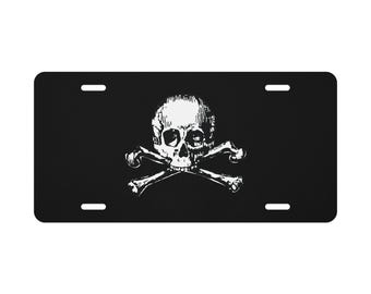 Skull & Bones Vanity License Plate – Gothic Jolly Roger Pirate Flag Design for Cars, Garages Alt Decor