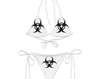 Biohazard Recycled String Bikini - White Black, Y2K, Grunge, Gothic, Goth, Edgy, Rave, Cyber