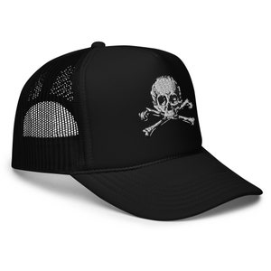 Skull & Bones Foam Trucker Hat - Embroidered Gothic Skull Crossbones Metal Punk Pirate Biker Occult