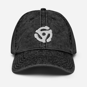 45 RPM Spindle Adapter Twill Cap – Embroidered White Stitch Vintage-Inspired Hat with 7-Inch Record Symbol