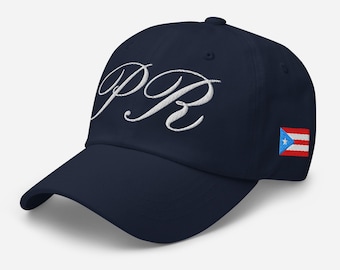 PR Script Dad Hat – Puerto Rico Embroidered Cap with Side Flag, Boricua Heritage Gift