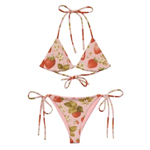 Strawberry Floral String Bikini All-Over Print – Eco Swimwear, Pink & Red Pattern for Playful Cottagecore Vibes