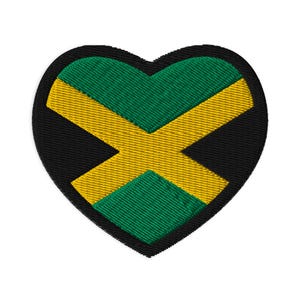 May include: A heart-shaped patch featuring the colours of the Jamaican flag: green, yellow and black. The yellow cross is positioned in the centre of the patch.