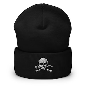 Skull Crossbones Cuffed Beanie Embroidered Streetwear Skater Goth Metal Punk Rock Pirate Human Skeleton &#39;Momento Mori&#39; GDS Label Headwear
