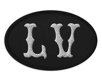LV Embroidered Patch – Las Vegas Vintage Letter Patch, Black Oval Iron-On Applique