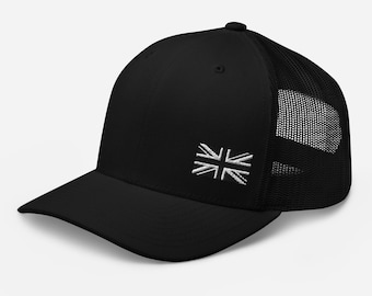 United Kingdom Trucker Cap – Black & White Union Jack Union Jack Side-Front Embroidery Embroidered Mesh Hat