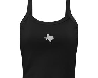 Camiseta sin mangas de microfibra acanalada para mujer con mapa de Texas y bordado minimalista del estado de la Estrella Solitaria.