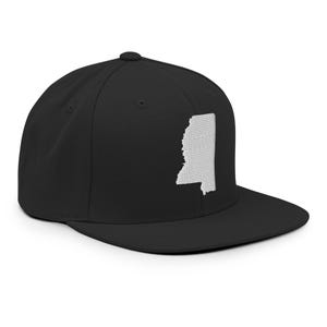 May include: A black and white flat brimmed baseball cap with an embroidered white outline of the state of Mississippi.