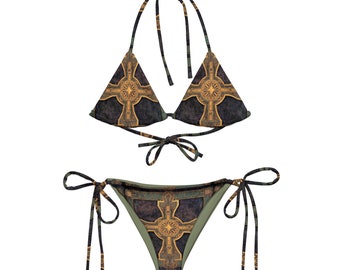 Bandana Sage Cross String Bikini – Rococo-Inspired All-Over Print in Sage & Yellow Recycled Swimwear