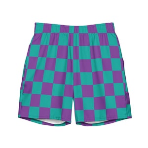 Checkered Swim Trunks – Purple & Teal Retro Grid Swimwear - Splash-ready with a side of nostalgia