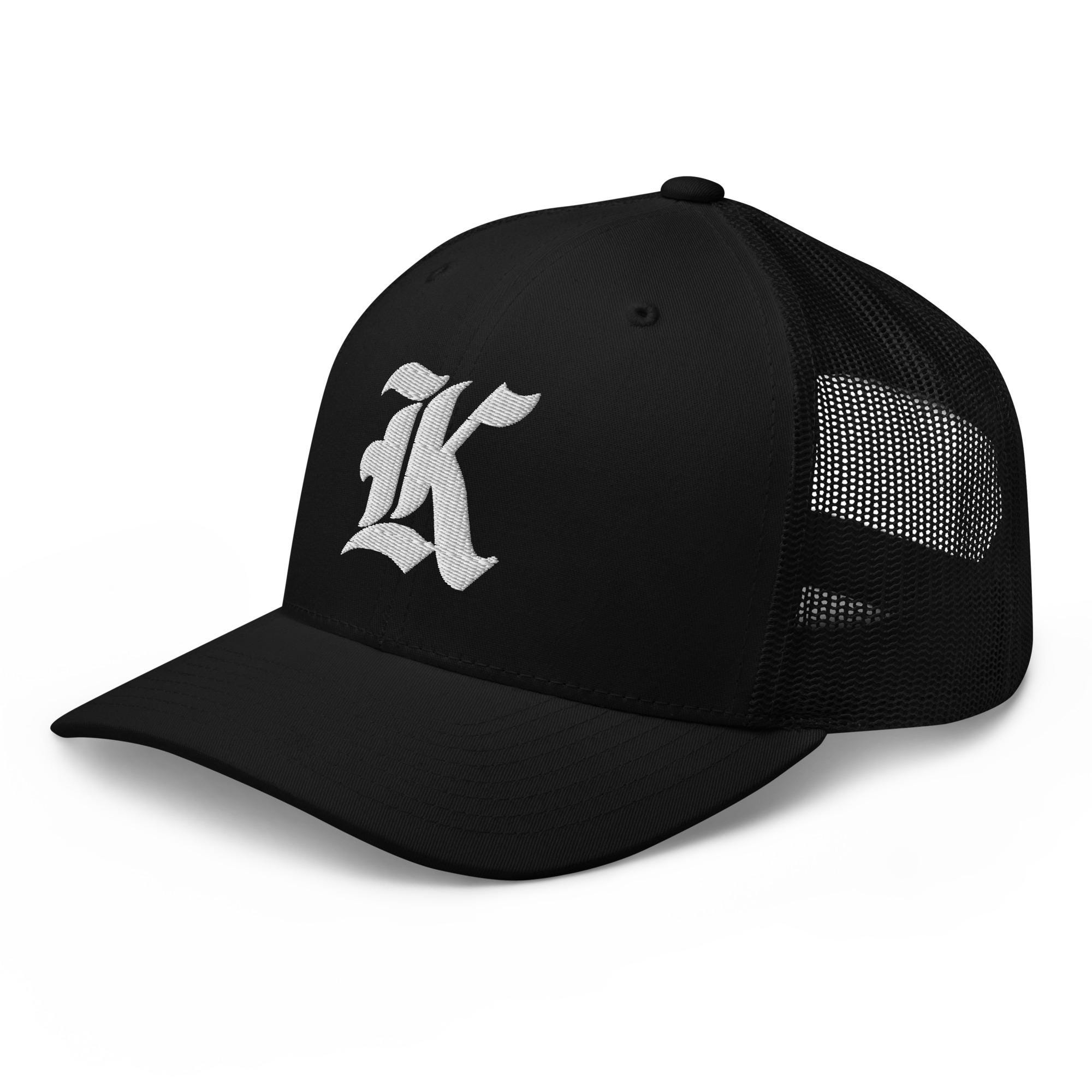 Letter K Old English Trucker Cap Embroidered – Gothic Initial Hat