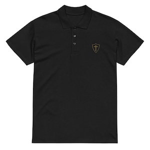 Armor of God Polo Shirt Premium Pique – Brown Black Embroidered Christian Cross Shield Tee for Strength & Purpose
