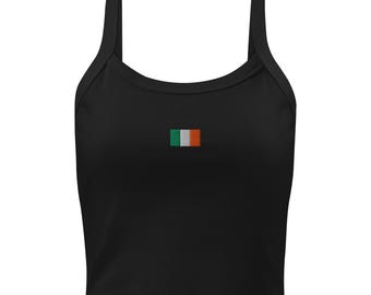 Ireland Flag Women's Micro-Rib Tank Top – Embroidered Irish Flag Cami, Minimal Crop Tank, Irish Pride Shirt