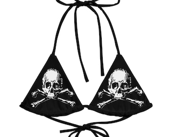 Skull & Crossbones String Bikini Top – Gothic Black Swimwear, Punk Beachwear