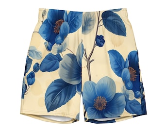 Blau geblümte Herren-Badehose, Antik-Weiß, blaue Gym-Blume, blau-weiße Shorts, Blumen-Schwimmen, Blumenmuster