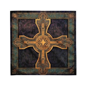 May include: A gold Celtic cross with intricate details against a dark purple background. The cross is surrounded by a teal and gold border.