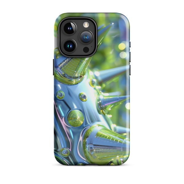 Raver Spikes Psychedelic Tough Case for iPhone - Green Blue | fits iPhone 11-15 Pro Plus Pro Max | Y2K, Grunge, Neo Punk, Techno, Deep House