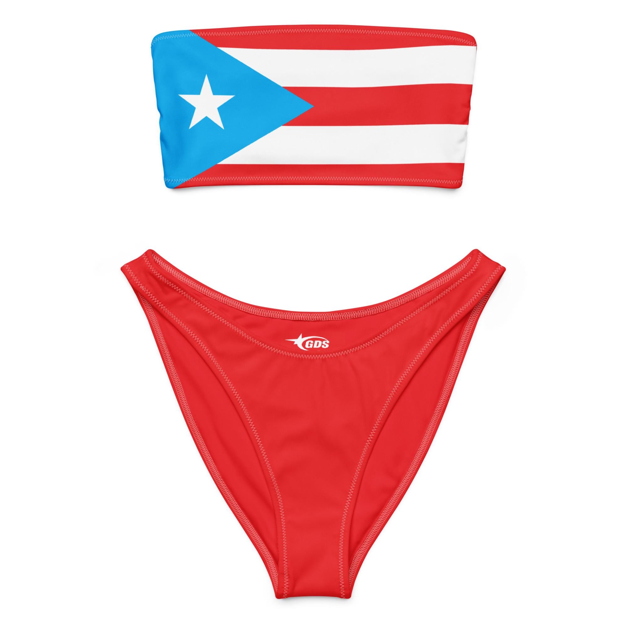 Puerto Rico Flag Bandeau Bikini Set – Red Eco Friendly Swimwear With Island Pride Flair