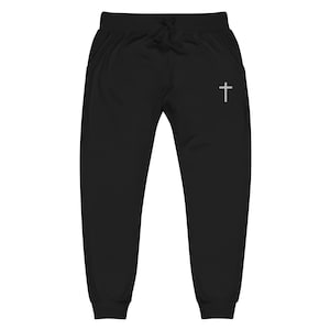 Cross Unisex Fleece Embroidered Sweatpants – Minimal Christian Symbol Loungewear With Soft Faith-Based Comfort