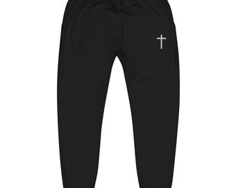 Cross Unisex Fleece Embroidered Sweatpants – Minimal Christian Symbol Loungewear With Soft Faith-Based Comfort