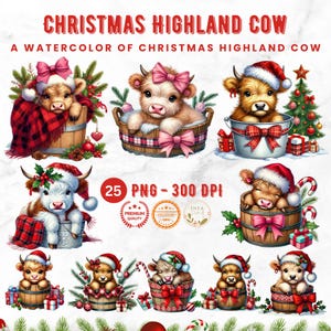 Watercolor of Christmas Highland Cows Bundle Clipart, Christmas clipart PNG, Funny highland cow clipart, Christmas cards, Christmas Gift PNG