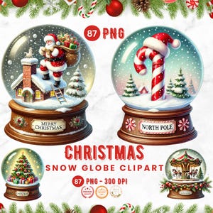 Pacchetto di scene di globo di neve natalizio Clipart ad acquerello, decorazioni natalizie PNG, globo di neve natalizio PNG, globo di neve PNG, uso commerciale