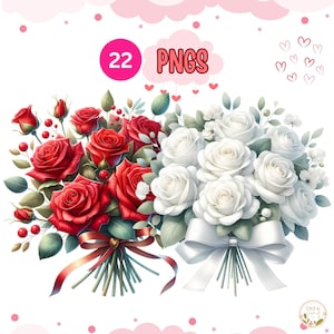 Clipart de coleção de buquês de rosas fofos de namorados em aquarela, 22 PNG clipart de dia dos namorados, clipart de buquês de flores, rosas vermelhas, uso comercial