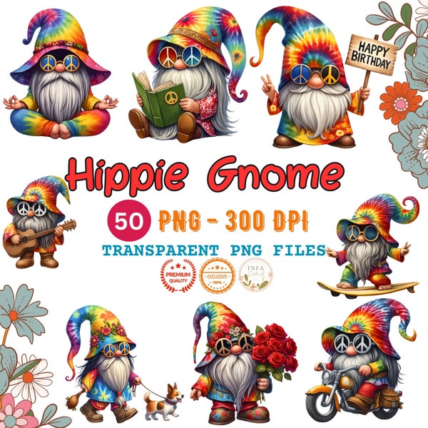 Hippie Gnome and Peace Gnome Watercolor Clipart Bundle, Hippy Gnome Clipart, Peace Gnome PNG, Gnome sublimation, Hippie Gnome Watercolor PNG