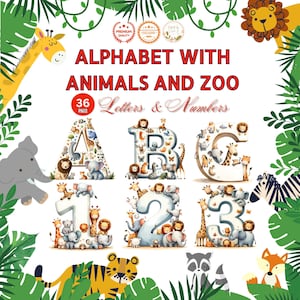 Aquarell Alphabet mit Tieren und Zoo Sammlung Clipart, Alphabet PNG, Alphabet Clipart, Zahl PNG, Schriftarten PNG, kommerzielle Nutzung