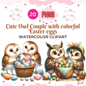 Linda pareja de búhos con coloridos huevos de Pascua, colección de imágenes prediseñadas, 20 imágenes prediseñadas de acuarela de huevos de Pascua PNG, imágenes prediseñadas de pareja de búhos, uso comercial