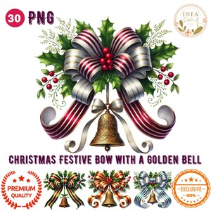 Lazo festivo navideño con un paquete de campanas doradas PNG, Lazos coquetos, Lazos navideños, Navidad femenina, PNG de tendencia navideña, Uso comercial