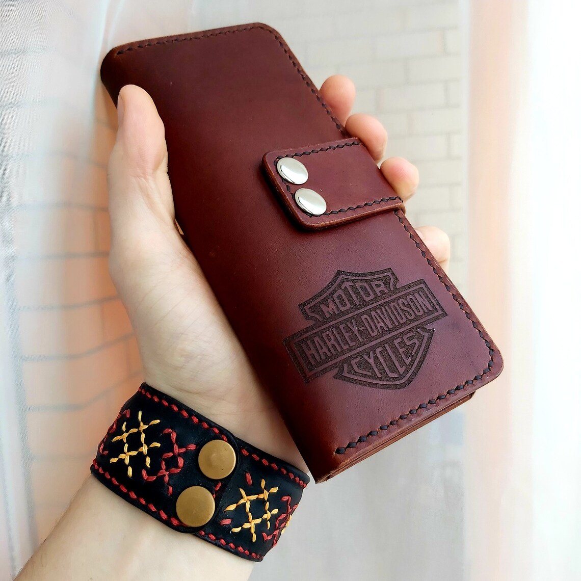 Handmade long wallet Harley Davidson made of genuine leather. Etsy