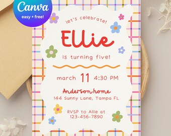 Invitación de cumpleaños para niñas con diseño floral y estilo moderno / Plantilla editable de Canva (Descarga instantánea de 5x7 pulgadas)