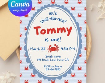 Invitación de cumpleaños infantil "Let's Shell-embrate" / Plantilla editable de Canva (Descarga instantánea de 5x7)
