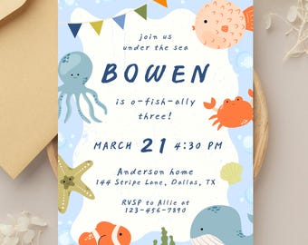 Invitación de cumpleaños con temática marina / Tema oceánico, plantilla editable de Canva (5x7, descarga instantánea)