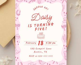Invitación de cumpleaños para vaqueras, dulce y rosa / Plantilla editable de Canva (descarga instantánea de 5x7)