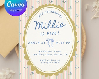 Invitación de cumpleaños floral para niñas / Plantilla editable de Canva (descarga instantánea de 5x7)