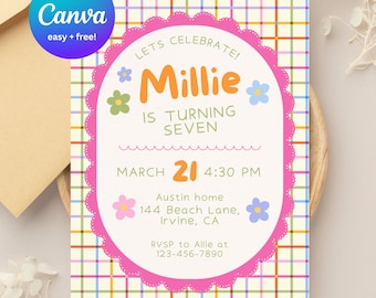 Invitación de cumpleaños divertida y colorida para niñas / Plantilla editable de Canva (5x7, descarga instantánea)