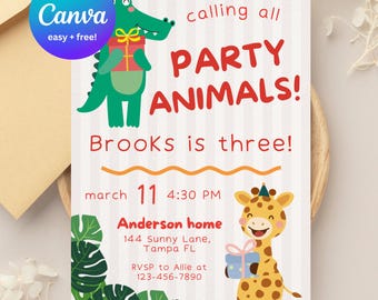 Invitación de cumpleaños infantil con temática de animales de fiesta / Plantilla editable de Canva (5x7, descarga instantánea)