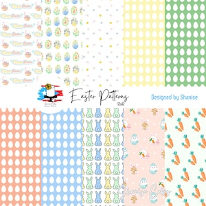 May include: A set of 12x12 inch digital paper patterns featuring Easter themes. The patterns include bunnies, eggs, carrots, and floral designs in various colors, including pink, blue, green, yellow, and white.