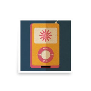 May include: A retro-style illustration of a digital music player. The player is primarily orange with pink and white accents. It features a circular control pad with the word "MENU" above it and a stylized flower graphic.