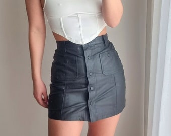 Mini Leather Skirt / Leather Skirt / Mini Skirt / Sexy Mini Skirt / Pocket Skirt / High Wast Genuine Leather Short Skirt / Snap Button Skirt