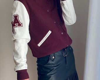 Vintage Wool & Leather Bomber Jacket, Burgundy Varsity Style