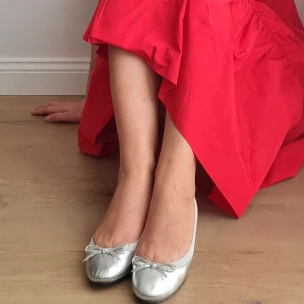 Buffalo London Silver Leather Ballet Flats / Metallic Leather Ballet Flats / Silver Leather Shoes / Metallic Silver Leather Ballet Flats