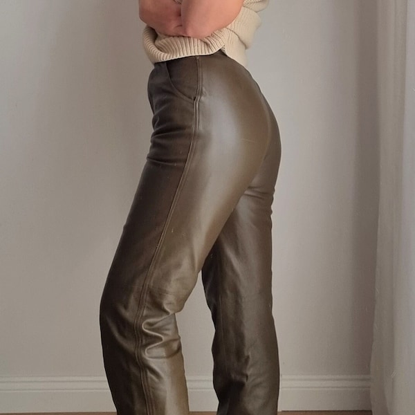 Pantalon en cuir kaki / Pantalon en cuir véritable / Pantalon en cuir marron / Pantalon droit en cuir / Pantalon en cuir taille haute / Cuir kaki